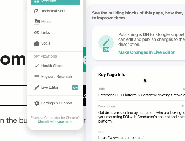 Animation showing how to get support in the Conductor for Google Chrome extension.