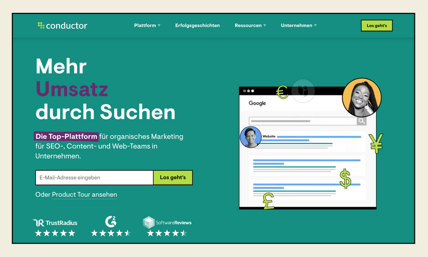 Conductor’s home page in teal-green with the phrase “Mehr Umsatz durch Suchen”, translating to “More Sales in Search” in white and purple text. A stylized image of a Google Search results page is to the right.