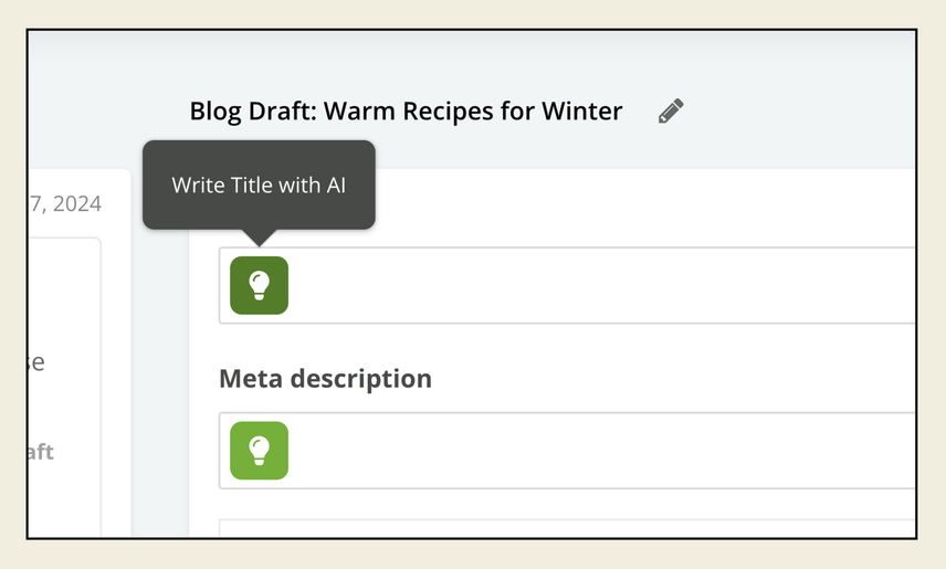 A green lightbulb icon appears in a text box, prompting the user to click to generate the title tag or meta description.