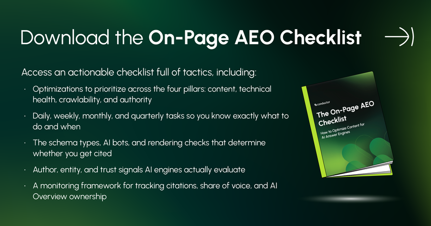 Large banner directing readers to download the full on-page AEO checklist.