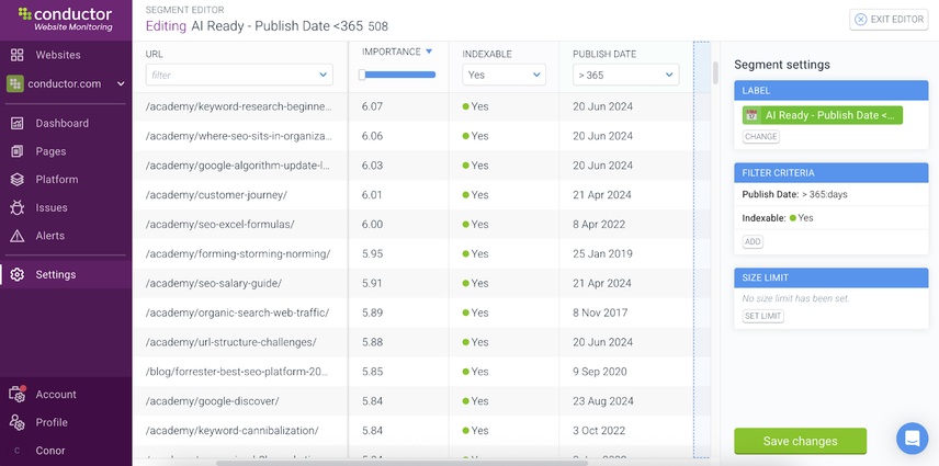 An image of a dashboard in Conductor Monitoring that breaks down site content based on publish date on a page level.