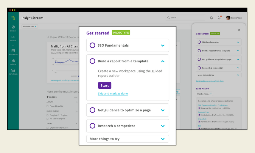 Conductor’s home screen with a popup of a task panel. The panel includes options to research competitors, build a report, and other workflows.