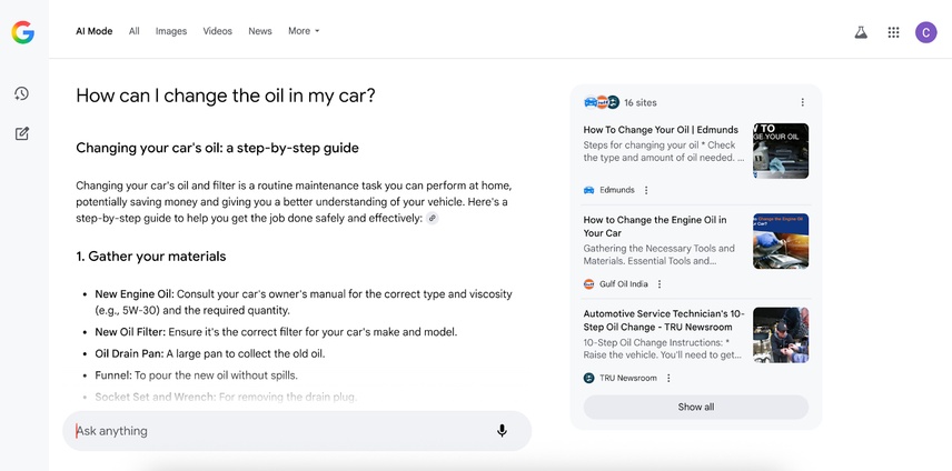 Screenshot of Google's AI Mode results page