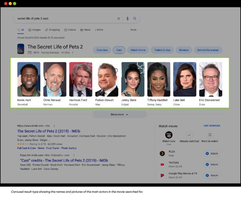 Carousel result type showing the names and pictures of the main actors in the movie searched for.