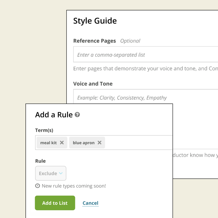 Conductor Content Profiles interface showing style guide setup for voice, tone, and an 'Add a Rule' dialog to exclude terms like 'meal kit'.