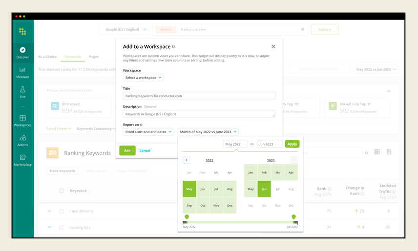 Conductor’s Domain Explorer is in the background, faded out in white, with two popup overlays. The first popup is labeled “Add to a Workspace” and shows customizations users can make when sending insights from the report to a dashboard. The second popup shows a date picker screen, where users can highlight the date ranges they want to report on.