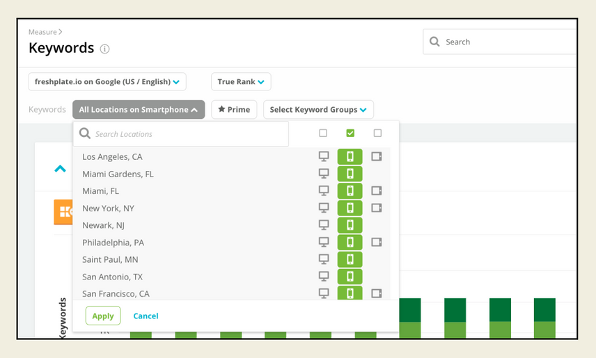 Conductor’s Keywords report with filters available for Locations, Keyword Groups, and other options. A drop-down is displayed with a list of cities, and desktop, smartphone, and device icons are shown next to each city name.