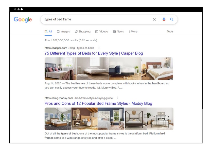 top search results for "types of bed frame" include images from the ranking landing pages