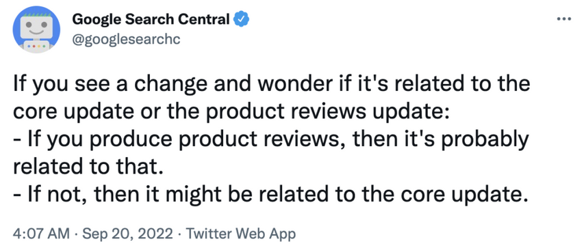 Tweet from Google Search Central that offers guidance on the potential impact the product reviews update could have on content