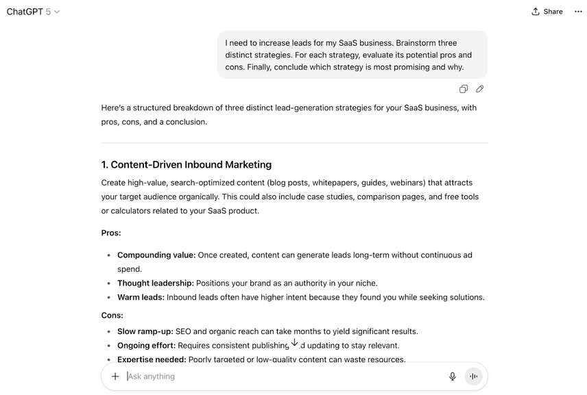 Screenshot of Tree-of-Thought prompting withing ChatGPT