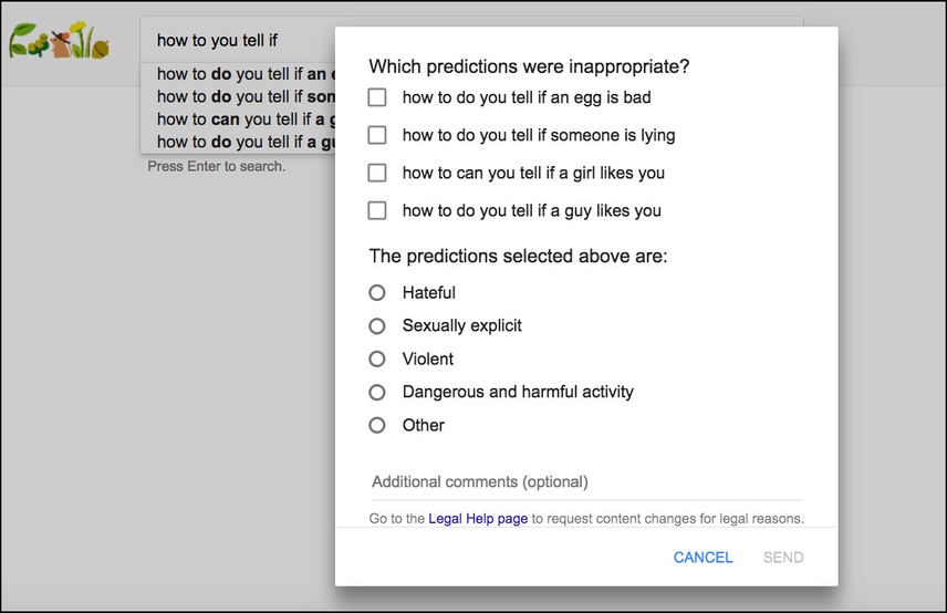 Google providing a form that pops up where you can pick which search predictions they object to and why