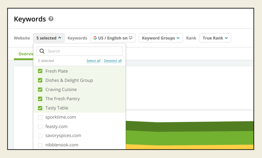 A website selector located at the top left of the Keywords report shows five web property groups selected, highlighted in green, and several unselected domains below.