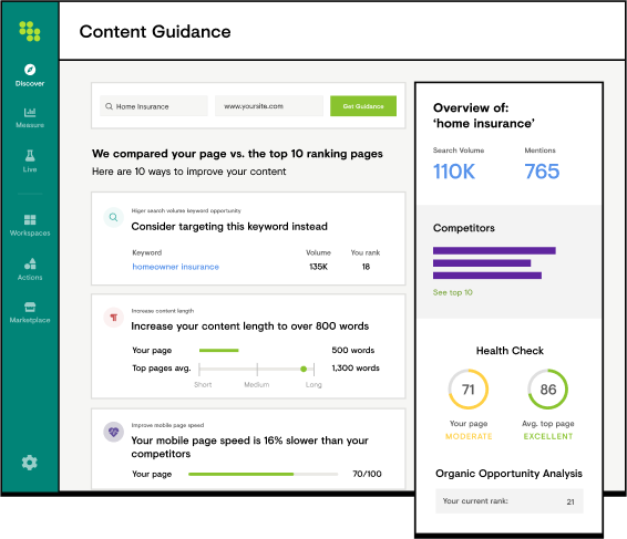 Product screenshot view of Content Guidance functionality in Conductor.