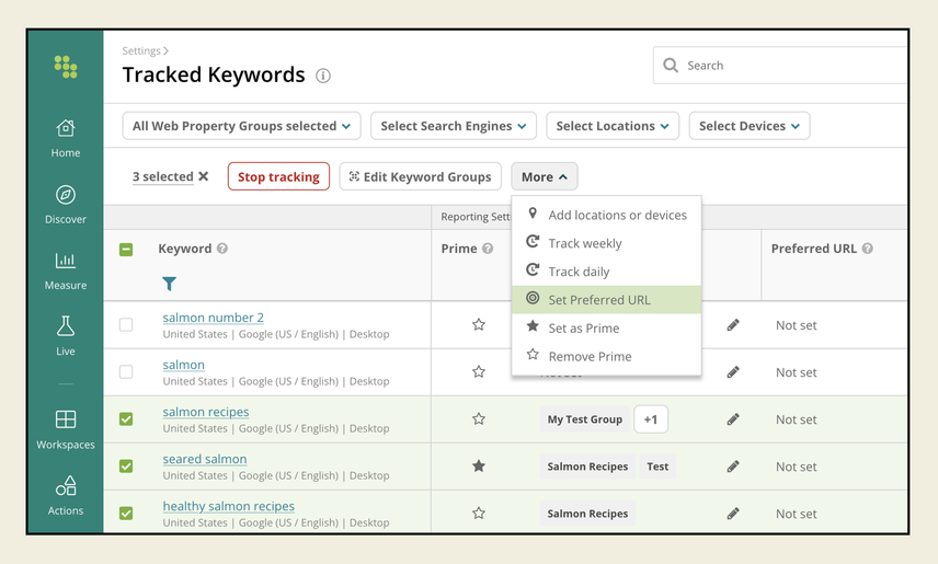 The Tracked Keywords settings screen with three keywords highlighted in green and a "More" dropdown is selected showing options to configure settings in bulk.