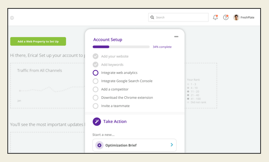 Conductor’s Insight Stream report, with an Account Setup pane overlaying the report on the right. There is a list of steps to complete and a progress bar indicator at the top showing completion percentage.