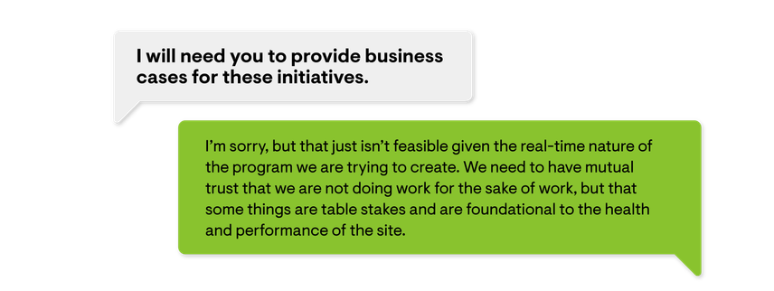 An image of dialog boxes helping readers explain the benefits of a center of excellence to dev leadership.