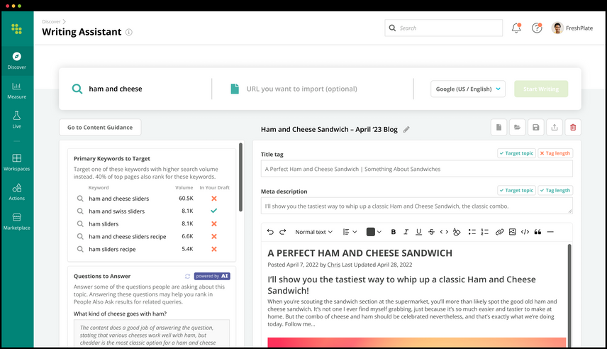 Screenshot showing how the AI-powered Writing Assistant feature in Conductor's enterprise SEO platform works and the content guidance it provides.