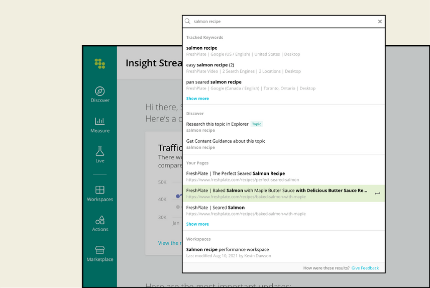 Platform search bar in Conductor showing results across keywords, pages, and reports.