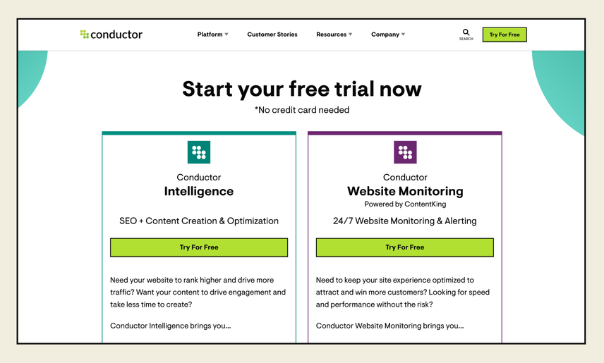 A landing page offers visitors the ability to start a free trial for either Conductor Intelligence, highlighted in dark green, or Conductor Website Monitoring, highlighted in dark purple.
