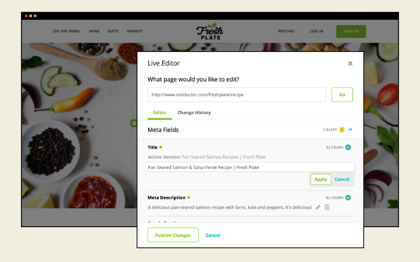 Make instant on-page optimizations to your site through Conductor’s Live Editor directly from the platform in one click.
