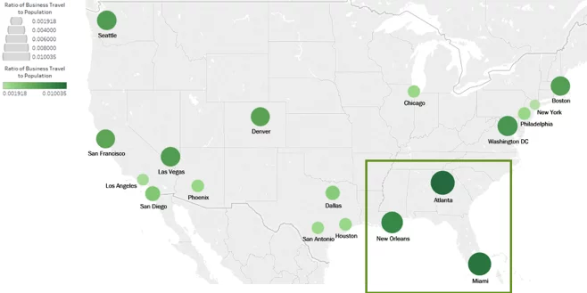 US map showing analysis of localized SEO data and how we can assess search demand, performance, and competition differ in cities and countries around the world.