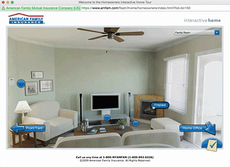 A gif of a house on the American Family Insurance website, featuring interactive elements showing a checklist to protect specific items in a household. 