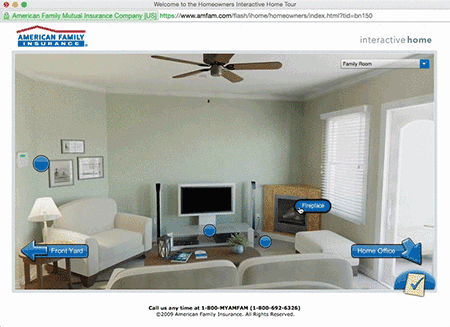 A gif of a house on the American Family Insurance website, featuring interactive elements showing a checklist to protect specific items in a household.