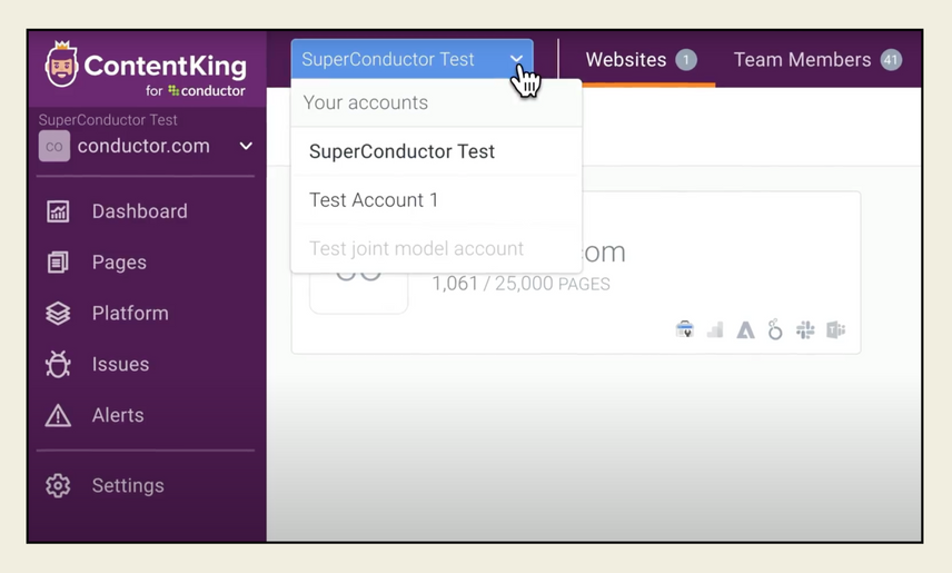ContentKing’s account page with purple dashboard menus on the left side and along the top. From the top, a dropdown menu is highlighted in light blue, with several account name options listed beneath.
