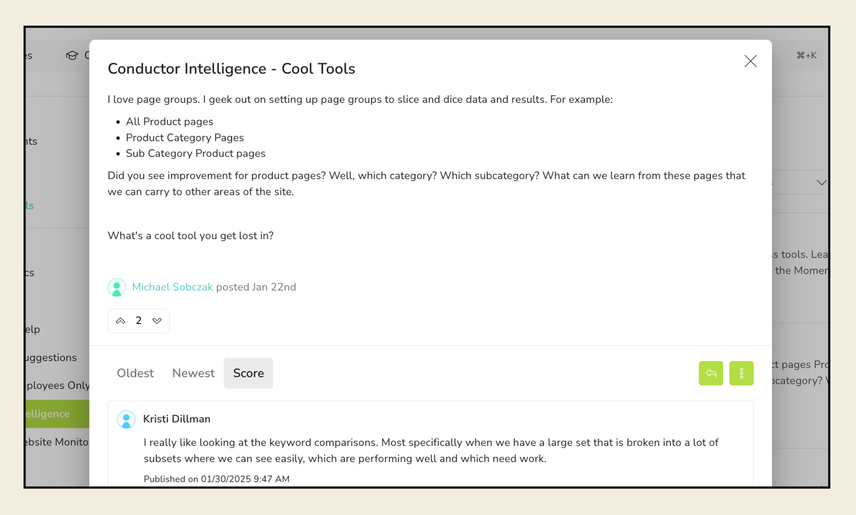 A member of the Conductor Community starts a thread to share some of their favorite Conductor features. They mention liking page groups, which allows setting up custom content groups to organize reporting, and then ask the community for their favorites.