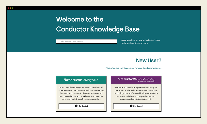 The home screen for the Knowledge Base includes a search bar, prominently displayed over a dark teal background, and two cards down the page provide user guides for Conductor Intelligence and Conductor Website Monitoring.