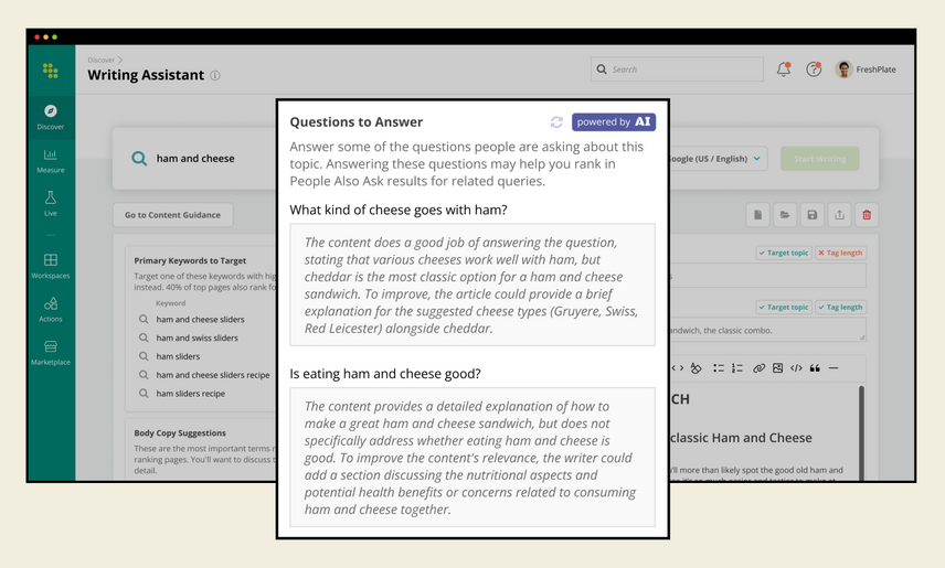 A look at the Questions to Answer functionality within Conductor's AI Writing Assistant content intelligence tool to help ensure content is adding value and answering related questions from users.