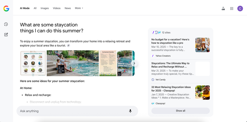 Screenshot of Google's AI Mode page for the query: What are some staycation things I can do this summer?