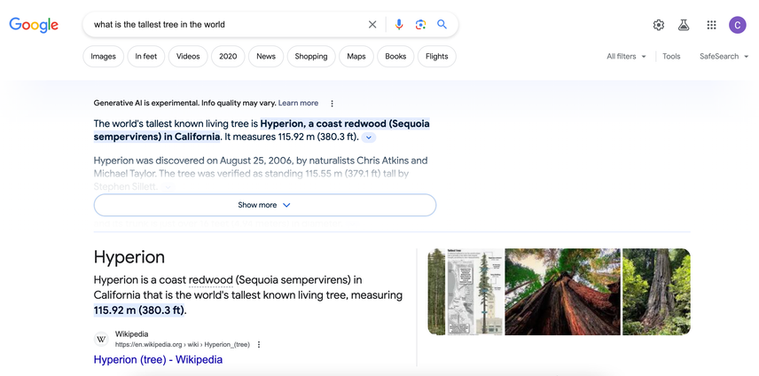 Screenshot of the Google query What is the tallest tree in the world?