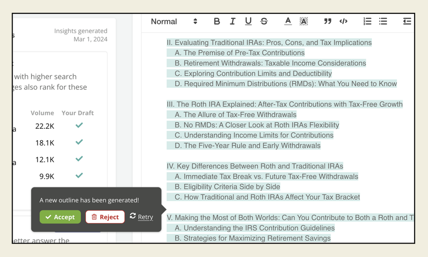 An automatically generated content outline shows in Writing Assistant's text editing interface. A call-out box provides options to accept, reject, or retry.