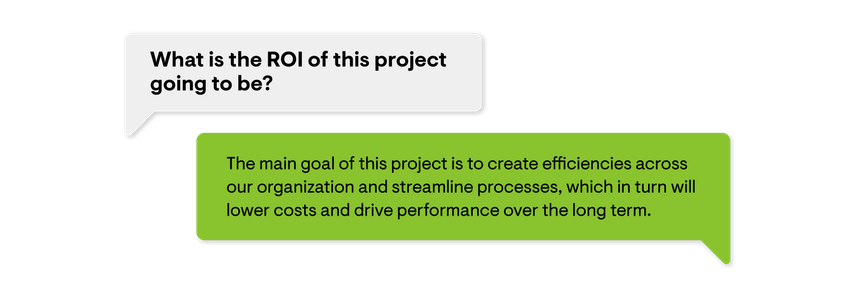 An image of text boxes with a sample question of what execs might ask about ROI and how you should answer.