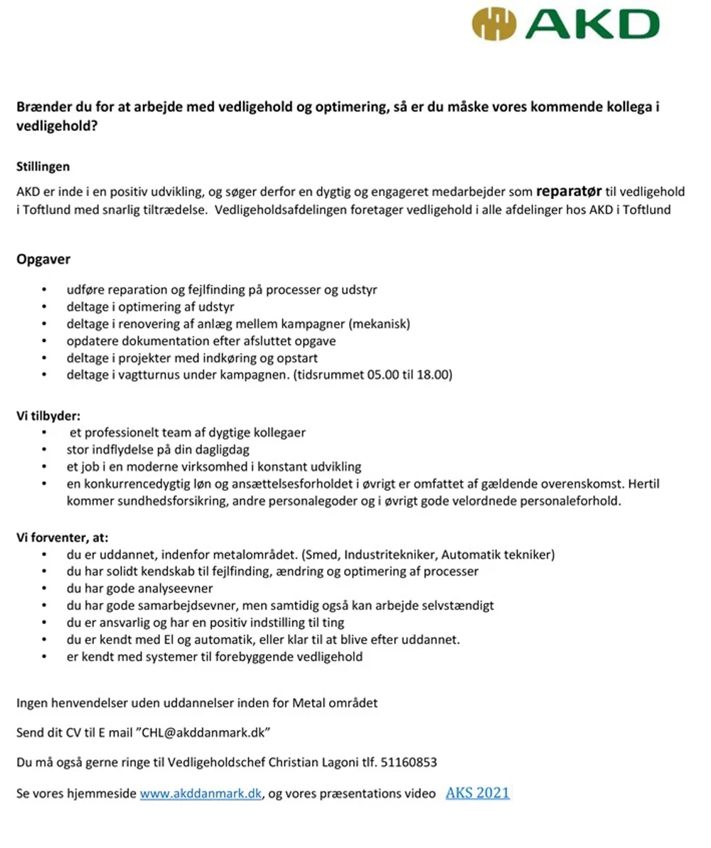 Vi søger en reparatør til AKD Sønderjylland