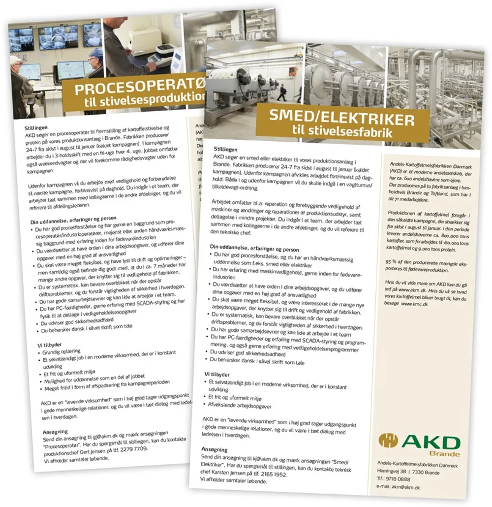 AKD/Brande søger en procesoperatør og en smed/elektriker