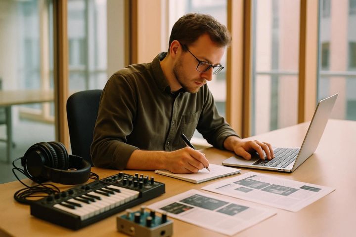Redakteur eines Musikmagazins mit Kopfhörern und Synthesizer am Laptop (KI-generiert)