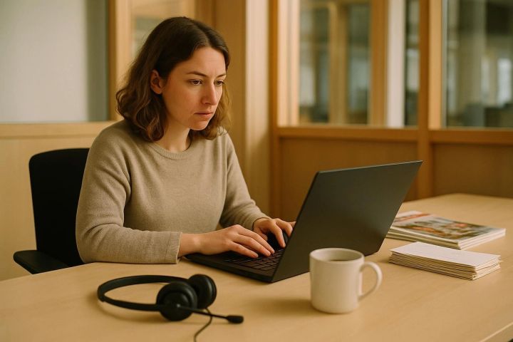 Mitarbeiterin im Leserservice eines Verlags am Schreibtisch mit Laptop und Leserbriefen (KI-generiert)