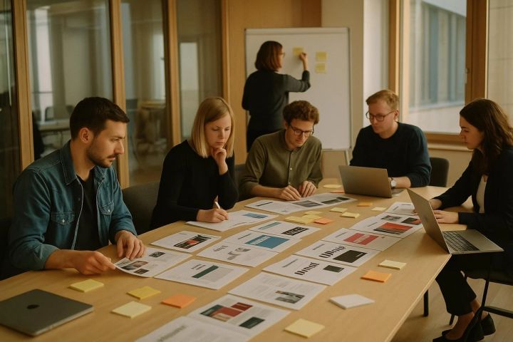 Redakteurinnen und Redakteure mehrerer Marken im Workshop mit Styleguides und Haftnotizen (KI-generiert)