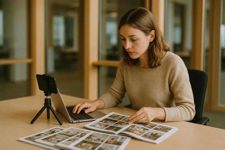 Social-Media-Redakteurin eines Lifestyle-Magazins mit Archivausgaben und Smartphone-Stativ (KI-generiert)