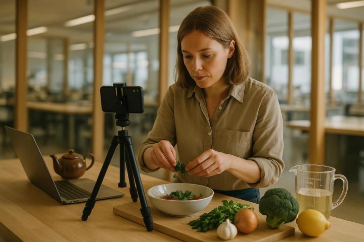 Food-Redakteurin filmt in der Testküche ein Rezept mit dem Smartphone (KI-generiert)