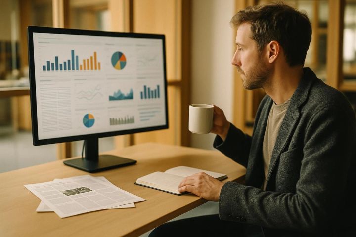 Marketing-Verantwortliche eines Verlags vor einem Dashboard am Morgen (KI-generiert)