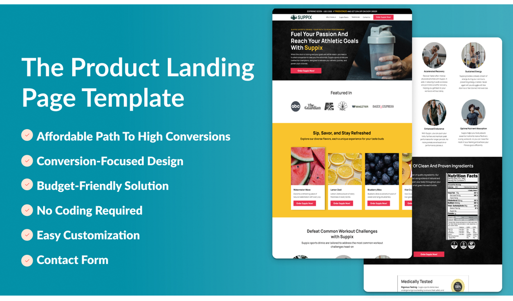 An image showing the product landing page template features 