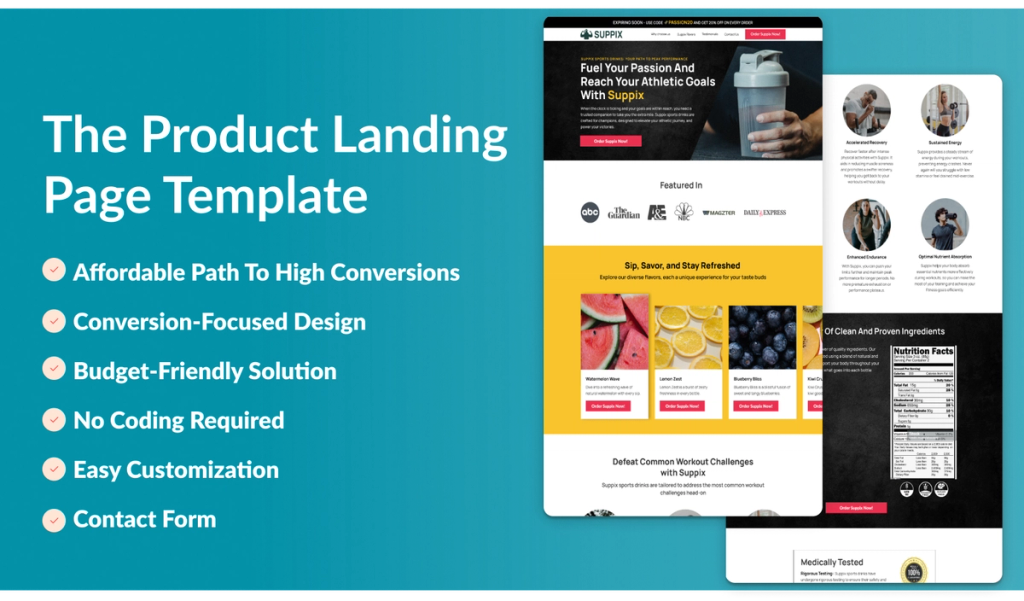 An image showing the product landing page template features