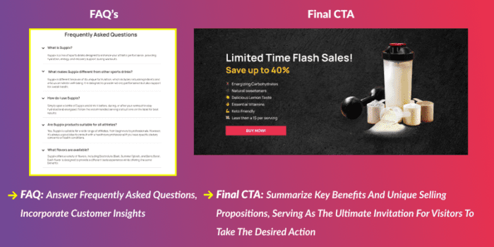 Product landing page ideas FAQ's and final CTA example graphic