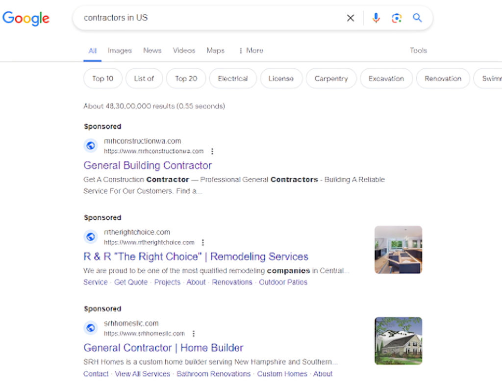 SERP results showing sponsored results first for the query Contractors in US