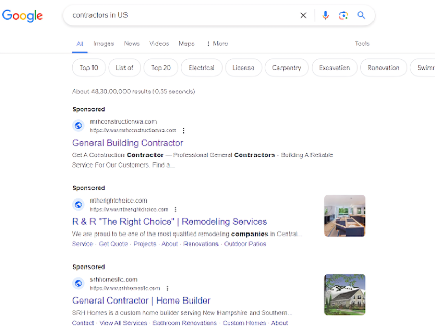 SERP results showing sponsored results first for the query Contractors in US