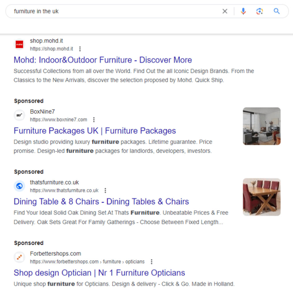 Types of paid advertising, search ads example