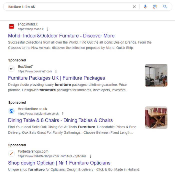 Types of paid advertising, search ads example